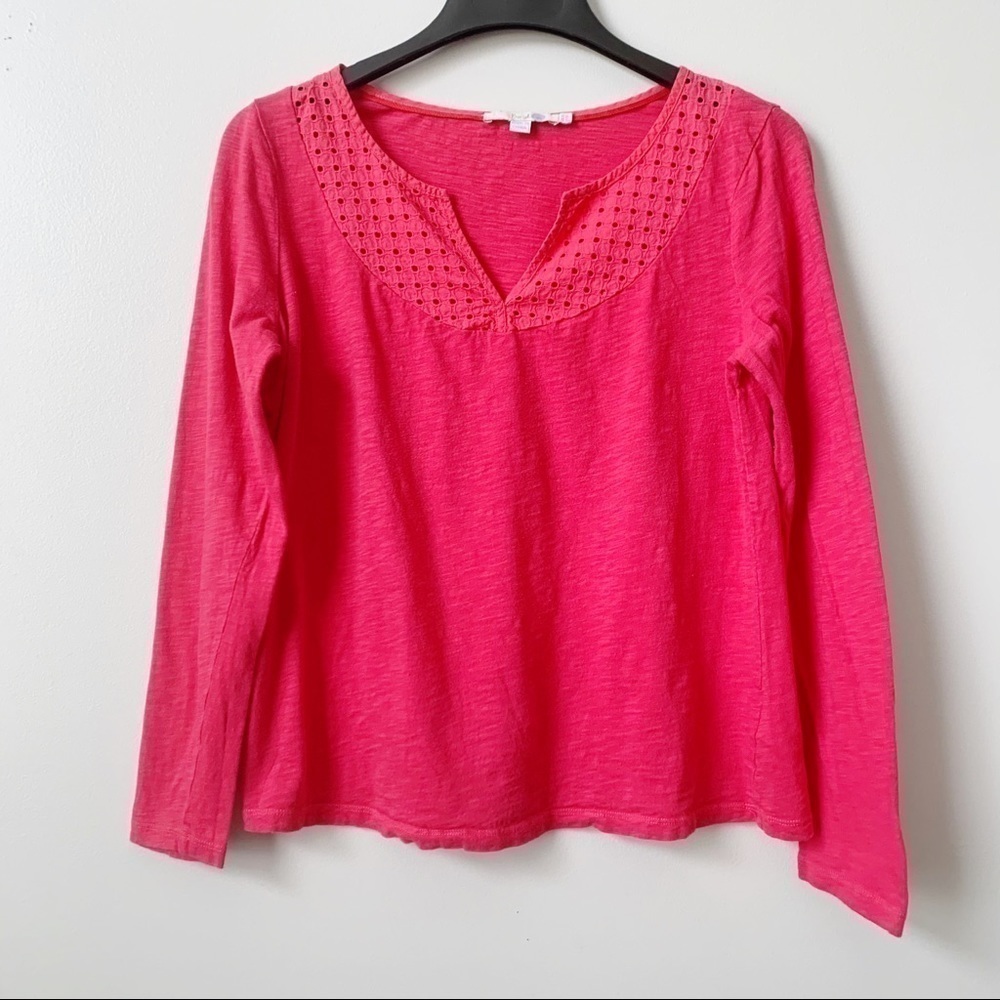 BODEN Pink Eyelet Trim Cotton Long Sleeve Tee 10 v-neck